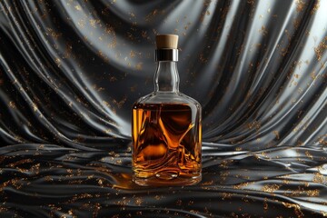 Poster - Elegant glass bottle of amber liquid on draped fabric.