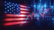 © mobile - Digital representation of the United States flag alongside fluctuating financial data and stock market graphs in red and blue tones