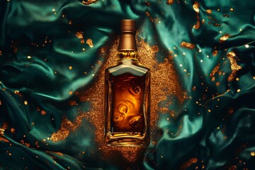 Poster - Elegant bottle of amber liquid set on teal fabric.