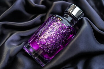 Poster - Purple perfume bottle on dark satin fabric.