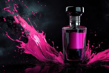 Poster - Pink perfume bottle amidst vibrant splashes.
