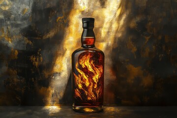 Poster - A bottle of liquid with a fiery graphic design.