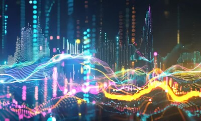 Poster - Abstract data visualization, colorful financial graph, vibrant digital city