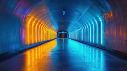 Wall Mural - Neon-lit tunnel, vibrant colors, city passage, reflective floor, architectural detail
