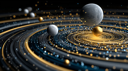 Wall Mural - celestial dance: a cosmic ballet of planets and celestial bodies swirling through a mesmerizing, gol