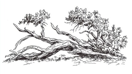  Fallen juniper tree, coastal landscape, sketch