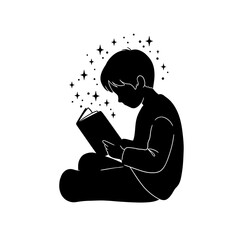 Poster - Silhouette of a boy sitting and reading a book with stars emanating from the book pages above his head