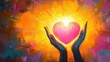 © Margarita - two hands gently holding a glowing bright pink heart surrounded by radiant warm yellow and orange light with vibrant abstract colorful background