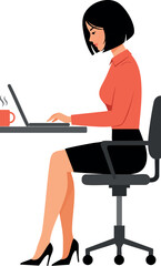 Poster - woman working on laptop at office desk with red coffee cup sitting on chair vector illustration