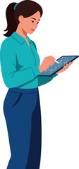 Poster - woman using digital tablet in blue shirt and dark pants standing side view vector illustration