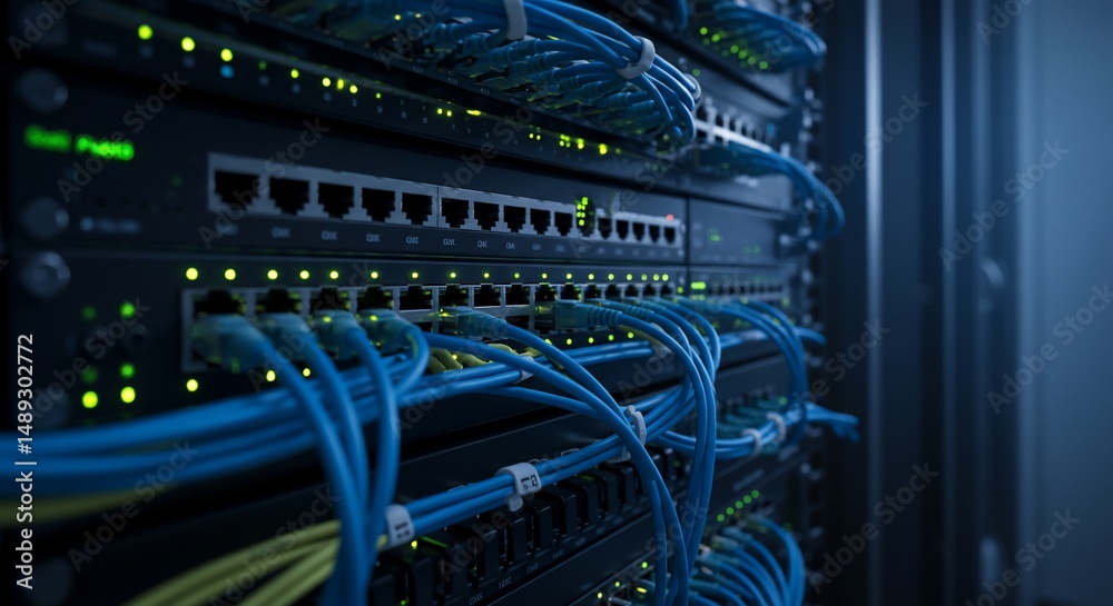 Interconnected server rack with blue cables Stock Illustration | Adobe ...