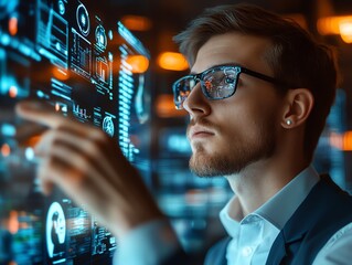 Poster - Focused Man Interacting with Futuristic Digital Interface: A Cyberpunk Style