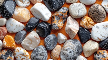 Poster - High-quality orange terrazzo background with smooth stone chips in white, sand, and taupe, scattered seamlessly