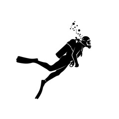 Poster - Silhouette of a scuba diver with bubbles rising to the surface in a minimalist black and white design