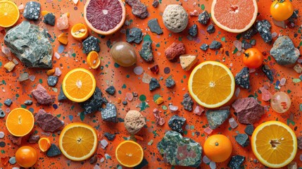 Poster - Minimalist orange terrazzo texture with colorful fragmented stone chips scattered naturally across the surface