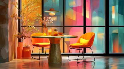 Poster - Amber Haze Cafe Ambiance, a serene minimalistic scene featuring soft focus, warm amber hues, and intriguing light patterns filtering through abstract windows.