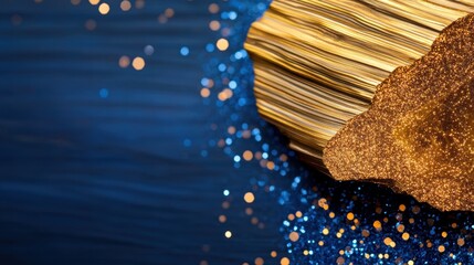 Poster - Abstract golden foil texture with shimmering blue fractal sparkles, festive holiday background