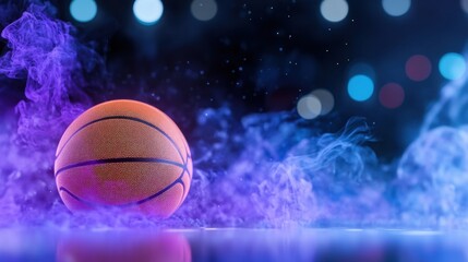 Fototapete - Ball centered in neon smoke burst, basketball energy theme in abstract background