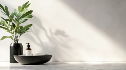 Poster - Clean architectural white background with subtle 3D shapes and product stand mockup