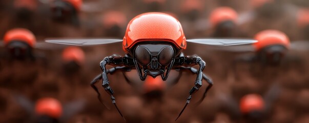 Poster - A close-up of a futuristic, mechanical insect with a red shell flying among a swarm of similar robotic creatures.