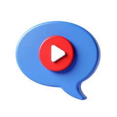 Poster - A blue speech bubble with a red circle and white play button  in a digital render isolated on transparent background