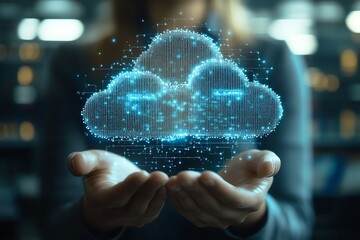 Poster - Glowing Digital Cloud in Hands: Futuristic Tech Concept