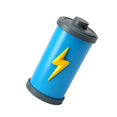 Poster - A blue battery with a yellow lightning bolt  in a digital render style isolated on transparent background