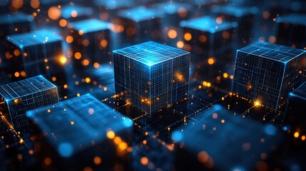 Poster - Futuristic Abstract 3D Geometric Cubes with Glowing Blue Elements and Bokeh Effects – Digital Technology Background Featuring Layered Tiled Structures
