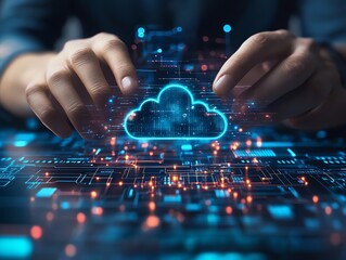 Poster - Glowing Cloud Data: Hands Gently Shaping Futuristic Tech