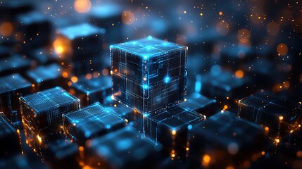 Poster - Futuristic Abstract 3D Geometric Cubes with Glowing Blue Elements and Bokeh Effects – Digital Technology Background Featuring Layered Tiled Structures
