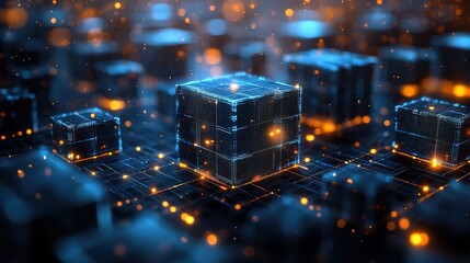 Poster - Futuristic Abstract 3D Geometric Cubes with Glowing Blue Elements and Bokeh Effects – Digital Technology Background Featuring Layered Tiled Structures