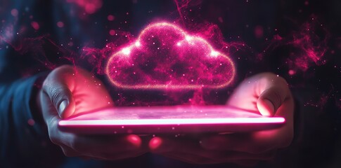 Poster - Glowing Pink Cloud Data: Digital Tablet Abstract Art