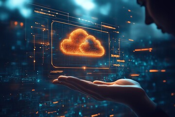 Poster - Glowing Cloud Data: Digital Hand Holding Futuristic Interface
