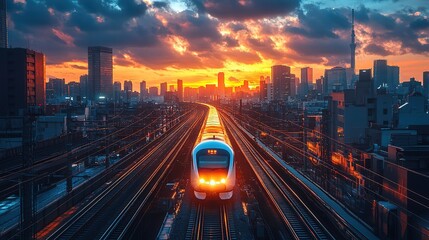 Poster - Award-Winning Hyper-Realistic 8K Photo of Train in Motion with Vibrant Urban Sunset, Cinematic Lighting, and Stunning Aerial Cityscape View