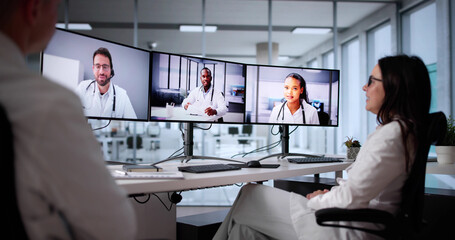 Poster - Caucasian Doctors Attending Telehealth Webinar Via Video Conference