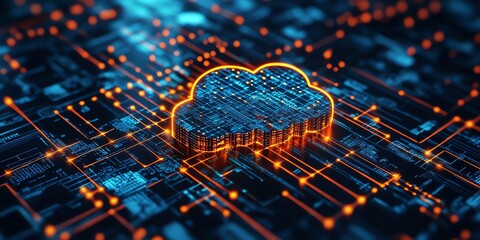 Poster - Digital Cloud: Neon Circuitry and Glowing Data Streams