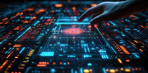 Poster - Cybernetic Hand Interacting with Glowing Circuitry: A Futuristic Digital Art