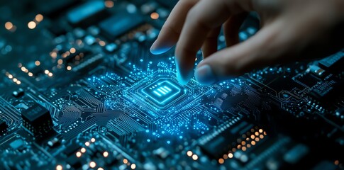 Poster - Circuit Board: Glowing Microchip and Hand, Futuristic Tech Art