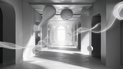Poster - Surreal Monochrome Passageway Animation with Ethereal Particles and Dynamic Visual Illusions