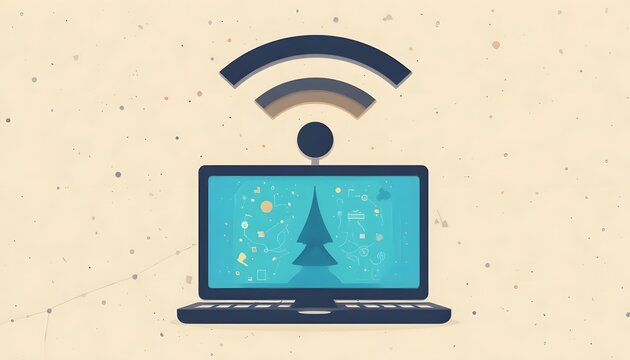 Laptop with Wifi Symbol Displaying Christmas Tree for Holiday Season