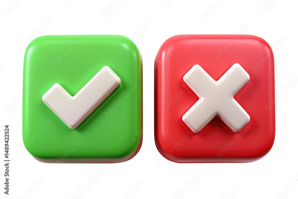 3D Green Check Mark and Red Cross Icon Set for UI, App Feedback, or ...