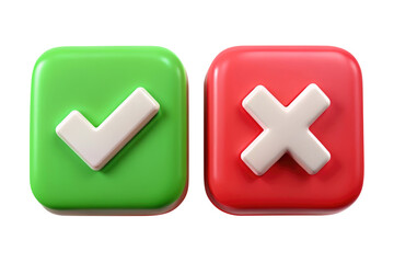 Wall Mural - 3D Green Check Mark and Red Cross Icon Set for UI, App Feedback, or Approval Interface isolated on transparent white background, clipping path