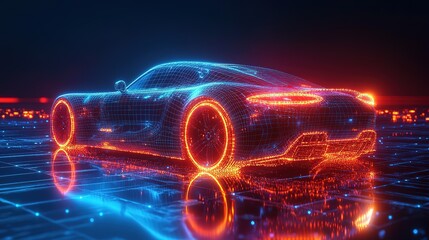 Poster - Photo realistic 3D Wire frame Car with Neon Glow and Futuristic Dashboard in Dark Lighting – Abstract High-Tech Geometric Vehicle Concept