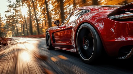 Poster - Ultra-Detailed Red Sports Car in Motion Blur on Scenic Road with Golden Hour Lighting and High-Performance Wheels – Cinematic Speed Shot