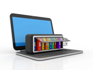 Poster - 3d rendering office document Binder in pen drive with laptop
