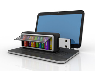 Poster - 3d rendering office document Binder in pen drive with laptop
