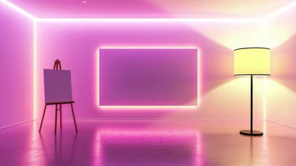 Poster - Pink room with night lighting around the perimeter and decorative items