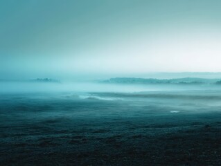 Wall Mural - Serene Misty Landscape at Dawn with Soft Blue Tones and Gentle Fog Embracing the Ground and Hills in the Background
