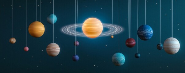 Poster - Colorful hanging planets against a dark blue background.