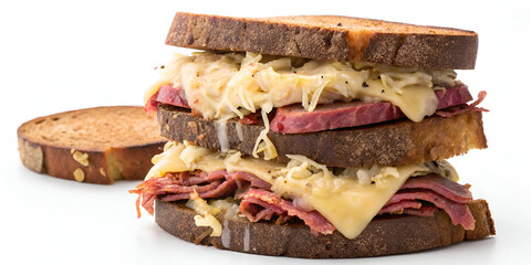Hearty pastrami Reuben sandwich with sauerkraut and Swiss cheese on rye, shown isolated for food promotion use.
